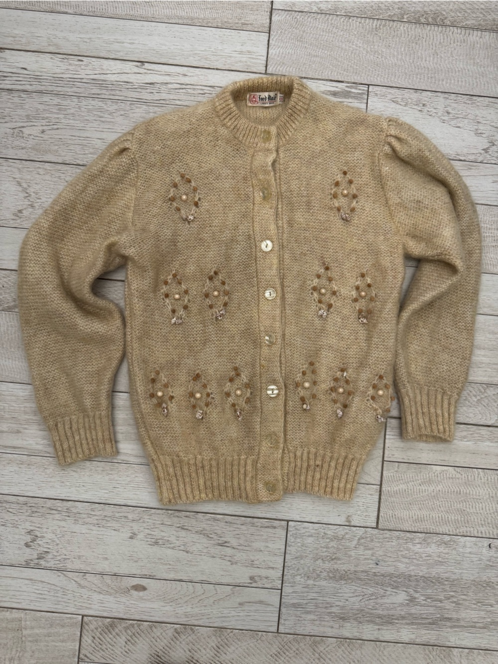 Vintage Beige Beaded Button-Up Cardigan